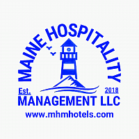 Maine Hospitality Management LLC in royal blue font around a lighrhouse as the logo with website mhmhotels.com